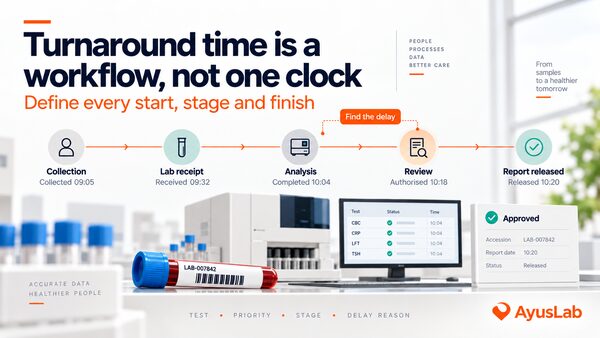 Bright AyusLab-branded laboratory visual showing turnaround time from specimen collection through receipt, analysis, review and authorised report, with stage timestamps and a delayed-stage alert.