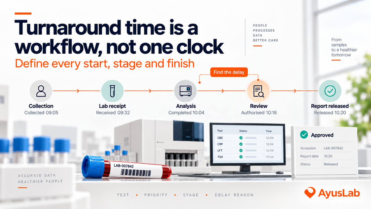 Bright AyusLab-branded laboratory visual showing turnaround time from specimen collection through receipt, analysis, review and authorised report, with stage timestamps and a delayed-stage alert.