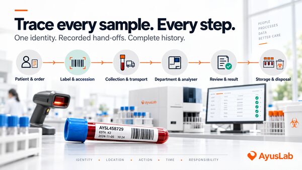 AyusLab visual showing a labelled laboratory sample moving through patient identification, accession, transport, analysis, result authorisation, storage and disposal as one connected traceable workflow.