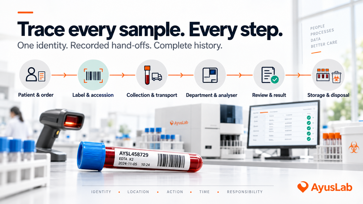 AyusLab visual showing a labelled laboratory sample moving through patient identification, accession, transport, analysis, result authorisation, storage and disposal as one connected traceable workflow.