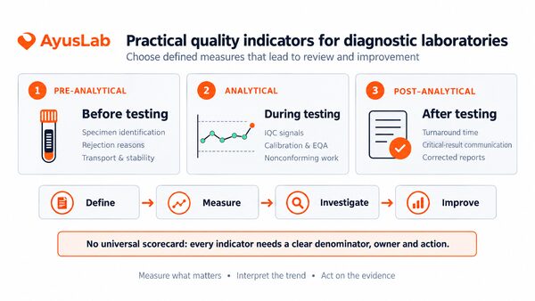 AyusLab quality indicator visual connecting pre-analytical, analytical and post-analytical measures with definitions, trends, investigation and improvement.