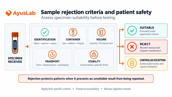 AyusLab visual showing a specimen being assessed against identification, container, volume, transport and stability criteria before rejection, exception review or testing.
