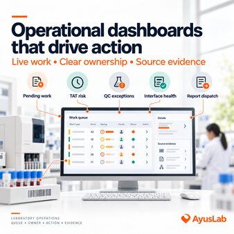 AyusLab-branded laboratory operations visual showing actionable queues for pending samples, turnaround risk, QC exceptions, interface health and report dispatch, each connected to an owner and source record.