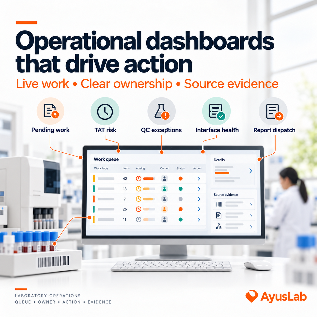 AyusLab-branded laboratory operations visual showing actionable queues for pending samples, turnaround risk, QC exceptions, interface health and report dispatch, each connected to an owner and source record.